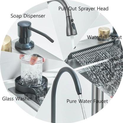 Fregadero de cocina, fregadero de acero inoxidable con cascada, fregadero moderno con dispensador y accesorios para bar, comedor y exterior (60 x 46 cm)