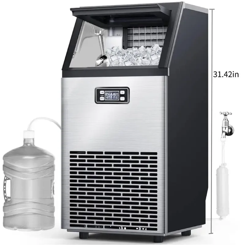 Máquina de Hielo Comercial V2.0, 100 lbs, Agua 2 Formas, Autolimpieza, Temporizador 24h, Cesta 33 lbs, Acero Inoxidable – Para Escuela, Hogar, Bar o RV