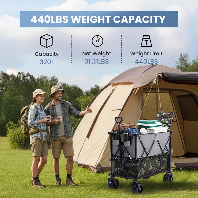Sweetcrispy 320L Outdoor Folding Double-Decker Wagon with Brakes, 440 lbs Capacity, Flexible Handle, All-Terrain Big Wheels, Compact Pack & Foldable Size for Grocery, Camping