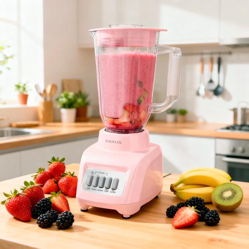 Licuadora Rosa Taurus Haley Ribbon, Potente 500W, ideal para smoothies y jugos, jarra de plástico de 1.65 L, compacta y Moderna