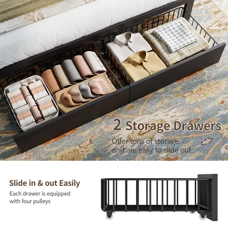 Estructura de cama TryLazy Furniture con 4 cajones y 2 puertos de carga USB y 1 puerto de carga tipo C, sin colchón, estructura de cama tapizada con cabecero con almacenamiento, no requiere somier, fácil montaje, tamaño matrimonial/queen/king.