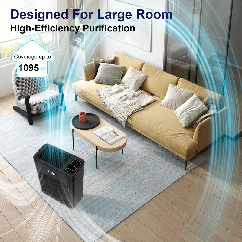 Purificador de aire ToLife TZ-K2 para habitaciones grandes (hasta 99 m²). Indicador de partículas PM 2.5, modo automático, temporizador, filtro HEPA: ¡elimina humo, polen y caspa de mascotas!
