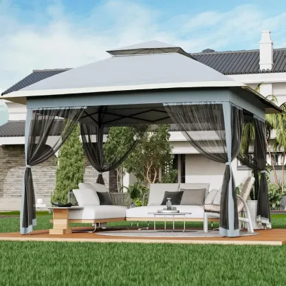 Carpa plegable Garvee de 13x13 pies con estructura metálica, sombrilla exterior de acero para lluvia y sol con malla, techo de doble ventilación, altura ajustable, fácil montaje, refugio impermeable para el patio trasero, toldo y estructura de sombra mode