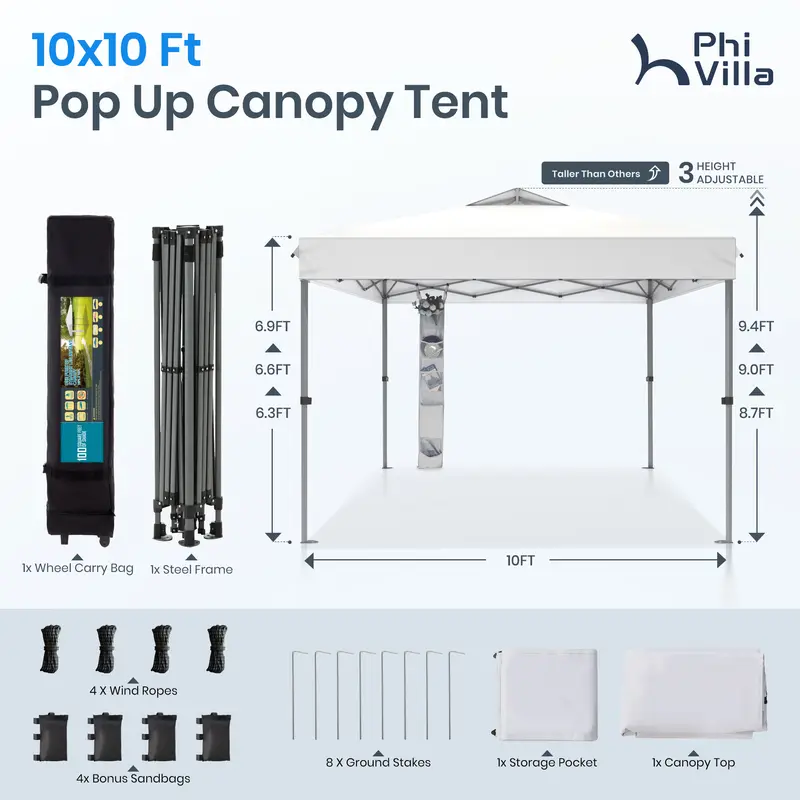[Impermeable y resistente a los rayos UV] Carpa plegable PHIVILLA de 3,6x3,6 m, carpa portátil instantánea para exteriores, cenador para exteriores con cierre de un solo botón y bolsa con ruedas.