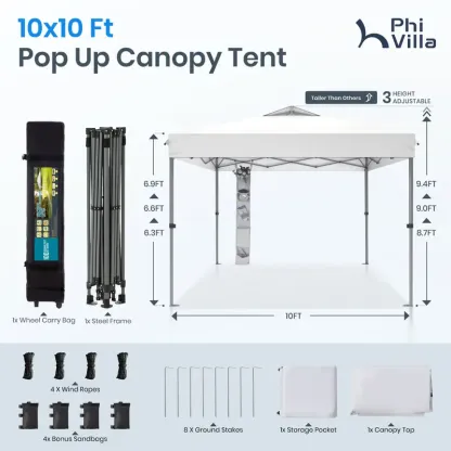 [Impermeable y resistente a los rayos UV] Carpa plegable PHIVILLA de 3,6x3,6 m, carpa portátil instantánea para exteriores, cenador para exteriores con cierre de un solo botón y bolsa con ruedas.