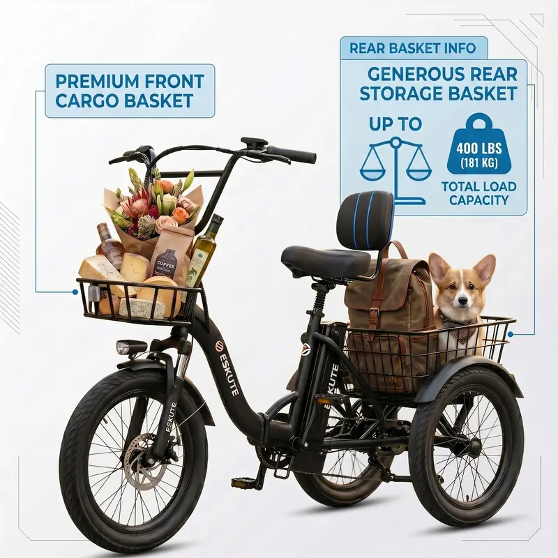 Bicicleta de carga ESKUTE para adultos, triciclo eléctrico plegable de 3 ruedas con motor de 1200 W, neumáticos anchos, respaldo y manillar de bicicleta, bicicletas eléctricas para adultos, pedaleo/asistencia/acelerador tiktokshopbacktoschool