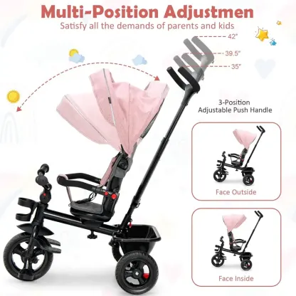Cochecito infantil unisex 5 en 1 Costzon - Poliéster, asiento reversible, capota ajustable, ruedas de EVA, manillar extraíble de PP y acero para padres, triciclo para niños pequeños, cochecito práctico y multifuncional.