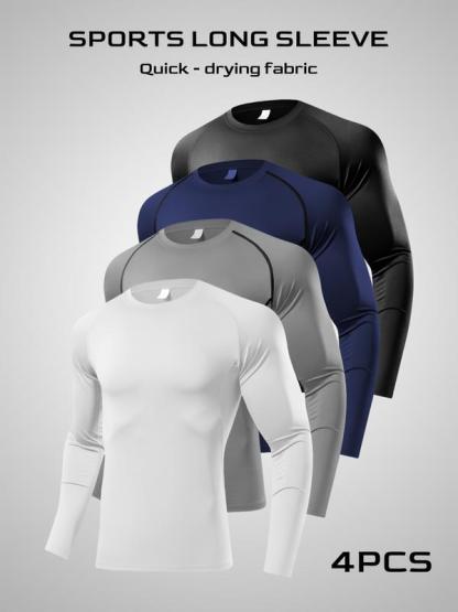 4 camisetas deportivas de manga larga para hombre, ajustadas y moldeadoras, camiseta de compresión, transpirable y cómoda, ideal para correr, entrenar y ciclismo, Top de Ropa Deportiva,Ropa de Ciclismo,Camiseta de Rendimiento,Camiseta Muscle Fit,Camiseta