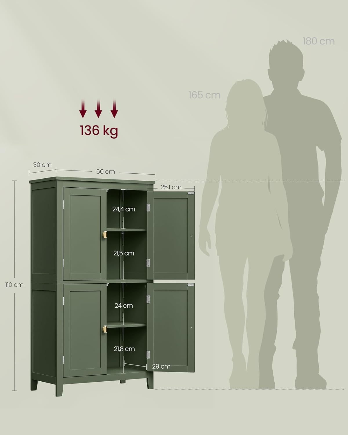 VASAGLE Mueble de Baño, Armario de Baño, Armario de Cocina, con 2 Puertas y 2 Cajones, Estantes Ajustables, 30 x 60 x 110 cm, Gris Paloma MBBC551G02
