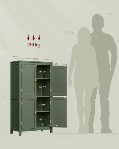 VASAGLE Mueble de Baño, Armario de Baño, Armario de Cocina, con 2 Puertas y 2 Cajones, Estantes Ajustables, 30 x 60 x 110 cm, Gris Paloma MBBC551G02