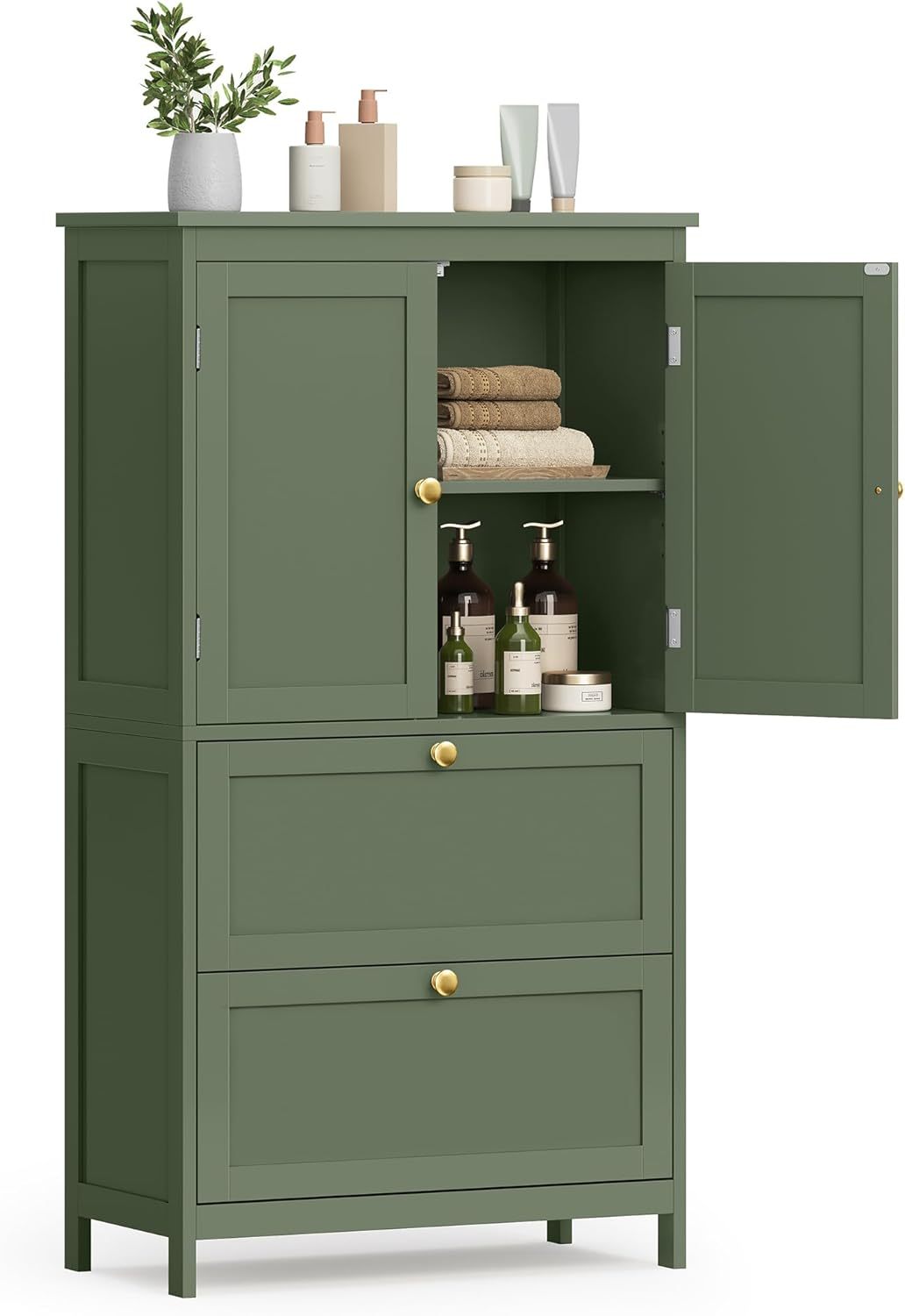 VASAGLE Mueble de Baño, Armario de Baño, Armario de Cocina, con 2 Puertas y 2 Cajones, Estantes Ajustables, 30 x 60 x 110 cm, Gris Paloma MBBC551G02