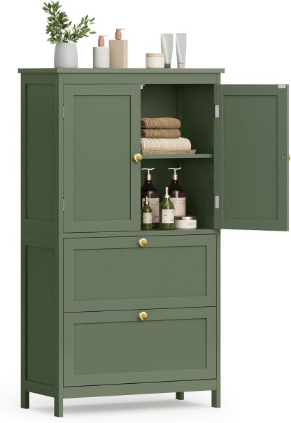 VASAGLE Mueble de Baño, Armario de Baño, Armario de Cocina, con 2 Puertas y 2 Cajones, Estantes Ajustables, 30 x 60 x 110 cm, Gris Paloma MBBC551G02
