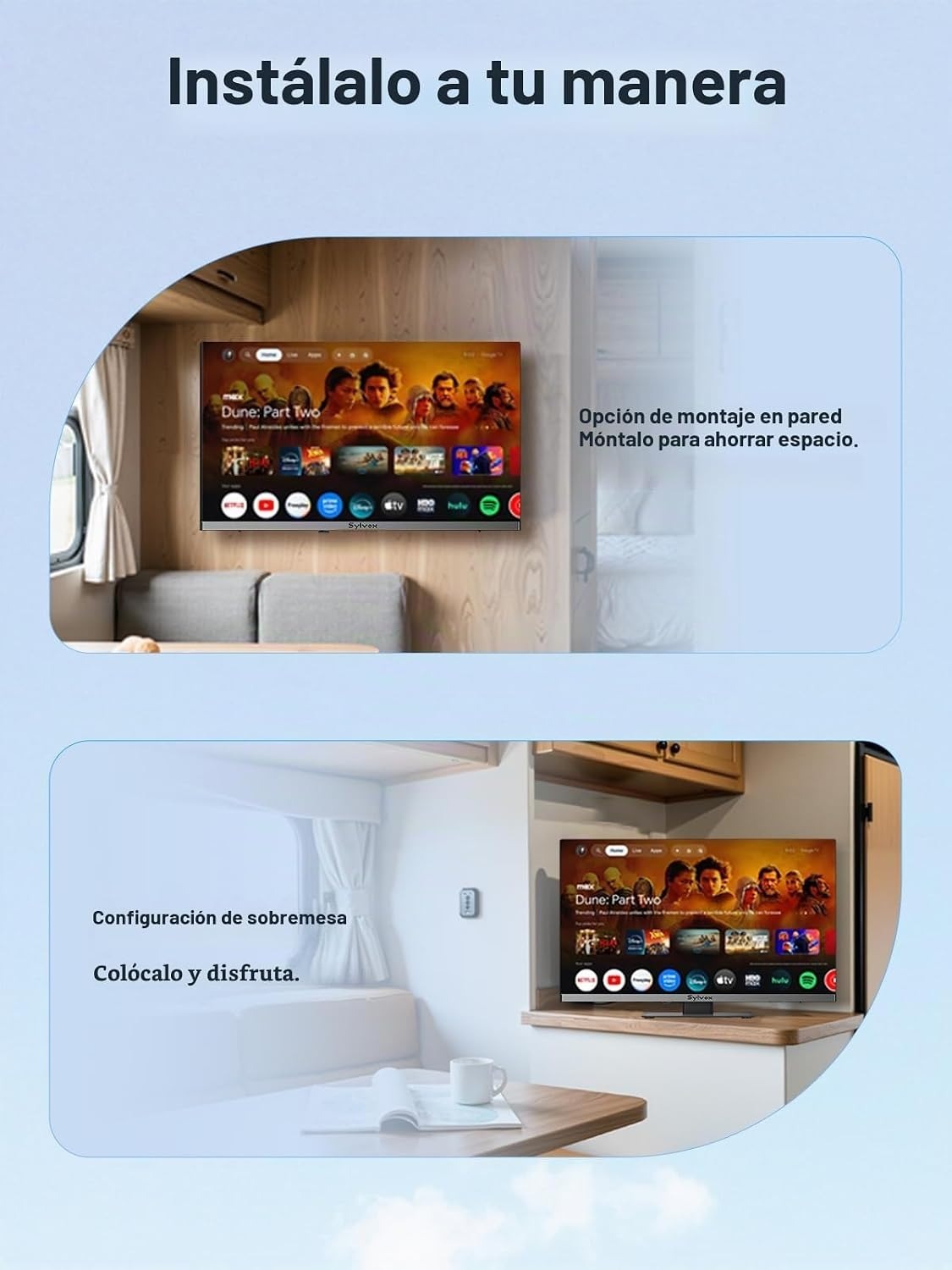 SYLVOX Smart RV TV de 22 pulgadas, QLED 1080P FHD, reproductor de DVD integrado, Google TV OS, soporte de amplio voltaje 12V/24V AC/DC Televisión para RV y hogar, HDMI y USB