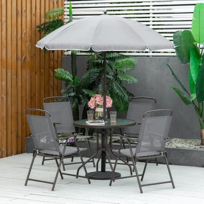 Outsunny - Juego de comedor de 6 piezas para 4 con paraguas, mesa y sillas al aire última intervensión con 4 sillas de comedor plegables y mesa redonda de vidrio para jardín, patio trasero y piscina