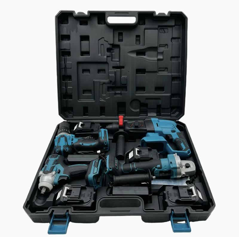 Kit de herramientas Profesional 4 en 1 Brushless | Taladro Inalámbrico, Llave de Impacto, Amoladora Angular y Rotomartillo SDS | 2 Baterías | Kit Completo para Hogar y Carpintería
