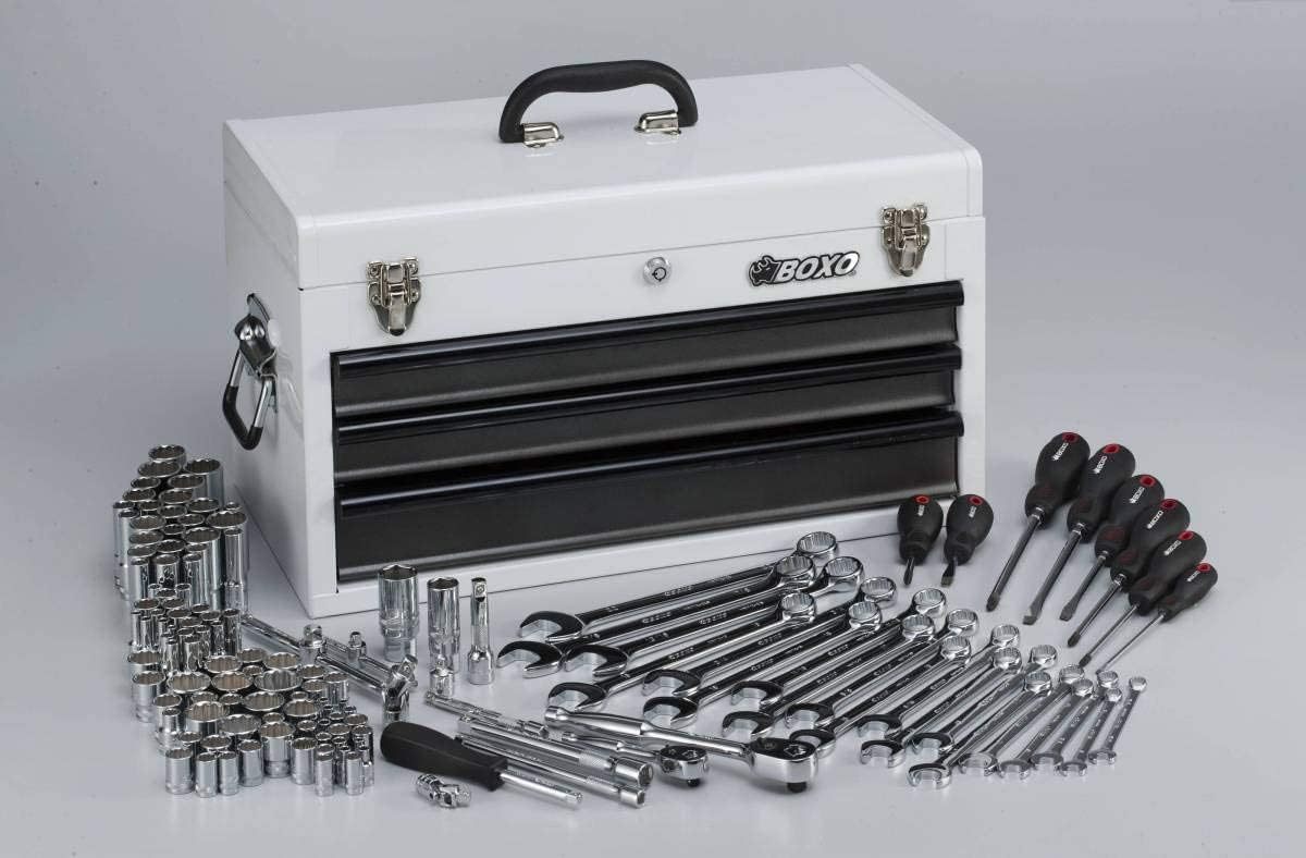Boxo USA Heavy Duty 185 piezas métricas y SAE juego de herramientas con 3 cajones caja de transporte-herramienta