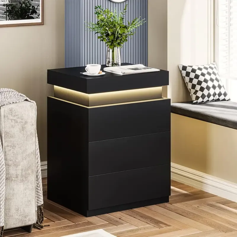 [Rebajas de verano] Mesita de noche Sikaic con estación de carga y luces LED, mesita de noche con tapa deslizante para dormitorio, mesita de noche con cajones, mesa auxiliar moderna, muebles para el hogar, artículos esenciales para residencias estudiantil