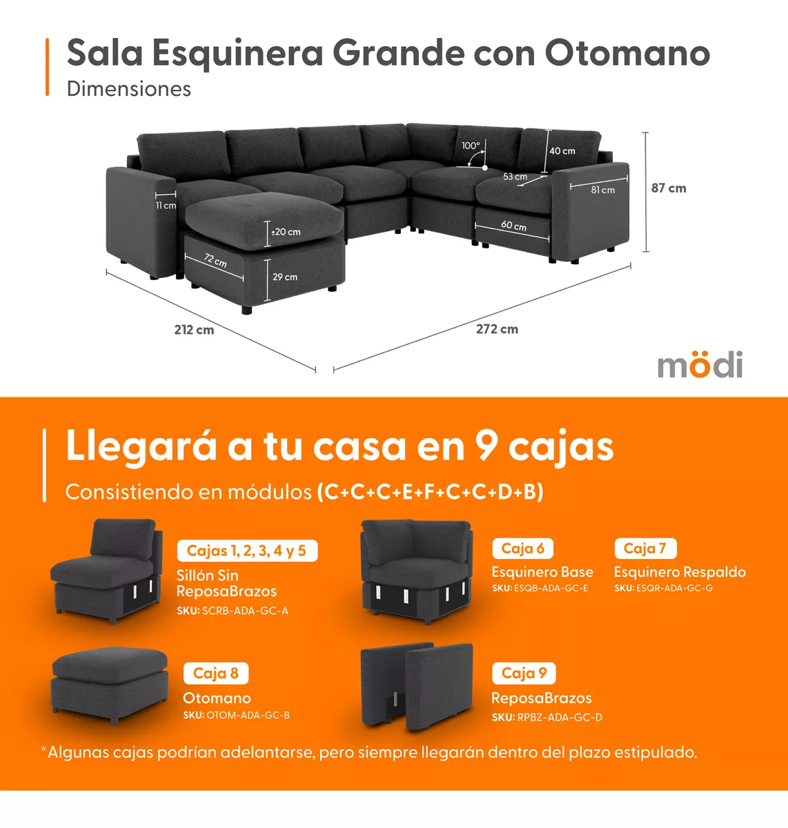 Sala Seccional Modular Esquinera 6 Plazas + Otoman | Moderna