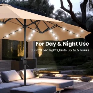 Phivilla Home – Sombrilla grande para patio exterior de 15 pies con base – Opción de luz LED, doble cara, manivela, impermeable
