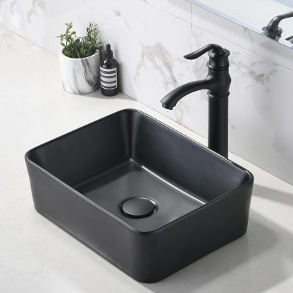 VOKIM - Conjunto de fregadero y llave de baño de 20 x 14 pulgadas, rectángulo moderno sobre el mostrador, porcelana negra, lavabo de cerámica y llave de bronce aceitado