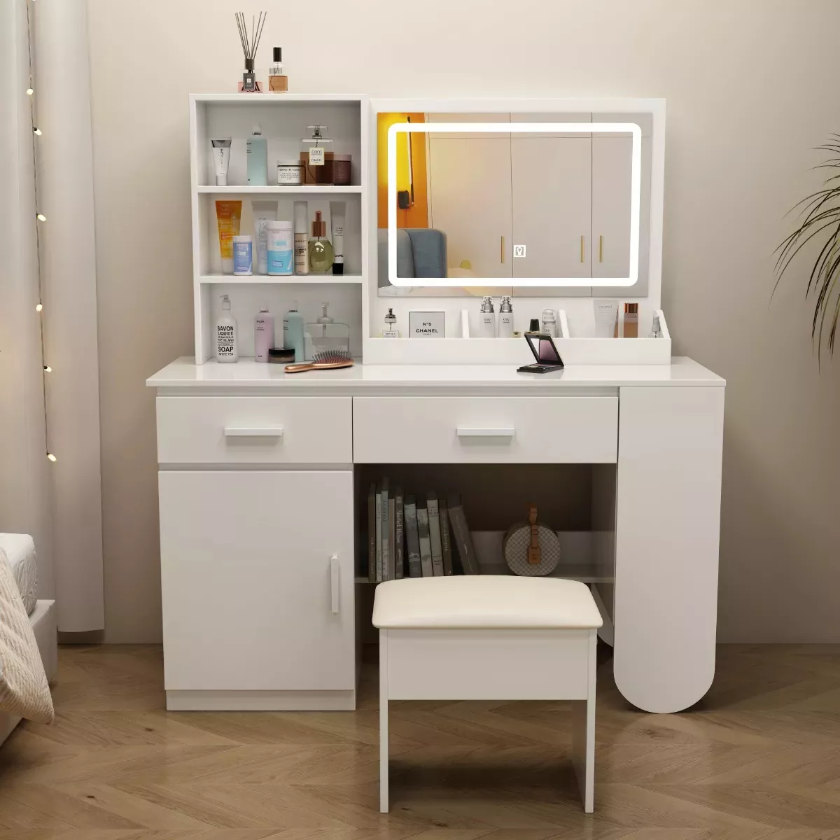 Tocador De Dormitorio Con Led Espejo Con Silla Compacto New Multifuncional Tocador Vanity Con Espejo Y Cajón Recamara
