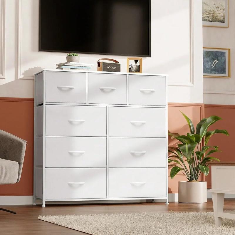 Cómoda Alta de 9 Cajones para Recámara y Closet, Mueble Organizador de Ropa y Juguetero para Bebé, Cajonera de Tela con Estante de Madera, Torre de Almacenamiento Vertical (Blanco)
