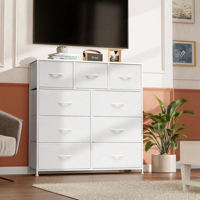 Cómoda Alta de 9 Cajones para Recámara y Closet, Mueble Organizador de Ropa y Juguetero para Bebé, Cajonera de Tela con Estante de Madera, Torre de Almacenamiento Vertical (Blanco)