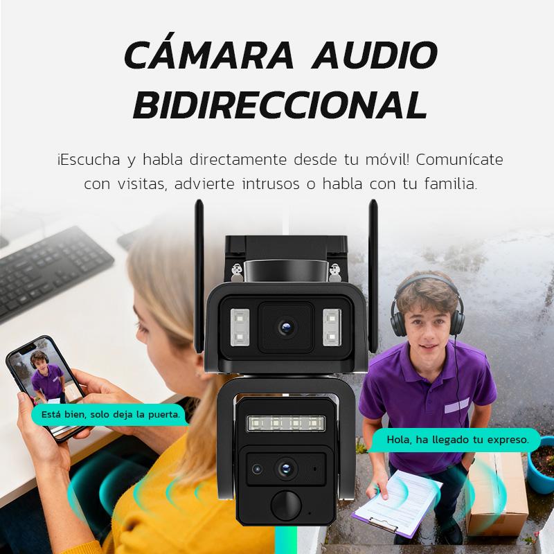 Cámara WiFi de Seguridad Solar Exterior con Lente Dual y Batería 8000mAh - Modelo AJ19-WiFi, 8MP Ultra HD, 360° Panorámica, Visión Nocturna a Color, Alarma Sonora, Comunicación Bidireccional, Sin Mensualidad (Tarjeta SD/Gratis 7 Días), IP66, Fácil Instala