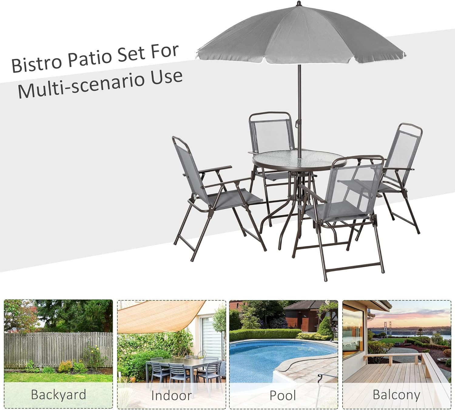 Outsunny - Juego de comedor de 6 piezas para 4 con paraguas, mesa y sillas al aire última intervensión con 4 sillas de comedor plegables y mesa redonda de vidrio para jardín, patio trasero y piscina