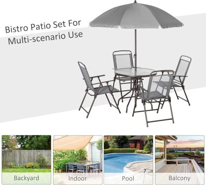 Outsunny - Juego de comedor de 6 piezas para 4 con paraguas, mesa y sillas al aire última intervensión con 4 sillas de comedor plegables y mesa redonda de vidrio para jardín, patio trasero y piscina