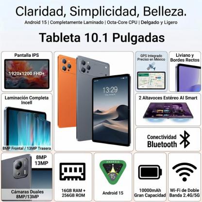 Tablet 10.1\" Android 15 Rendimiento Fluido | Octa-Core | 16GB+256GB | Pantalla HD | 10000mAh | WiFi 5G | Accesorios Incluidos
