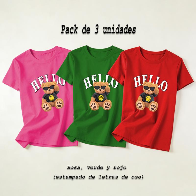Camiseta de manga corta con cuello redondo elástico para mujer, ideal para llevar en casa o salir, muy versátil y práctica (pack de 3)
