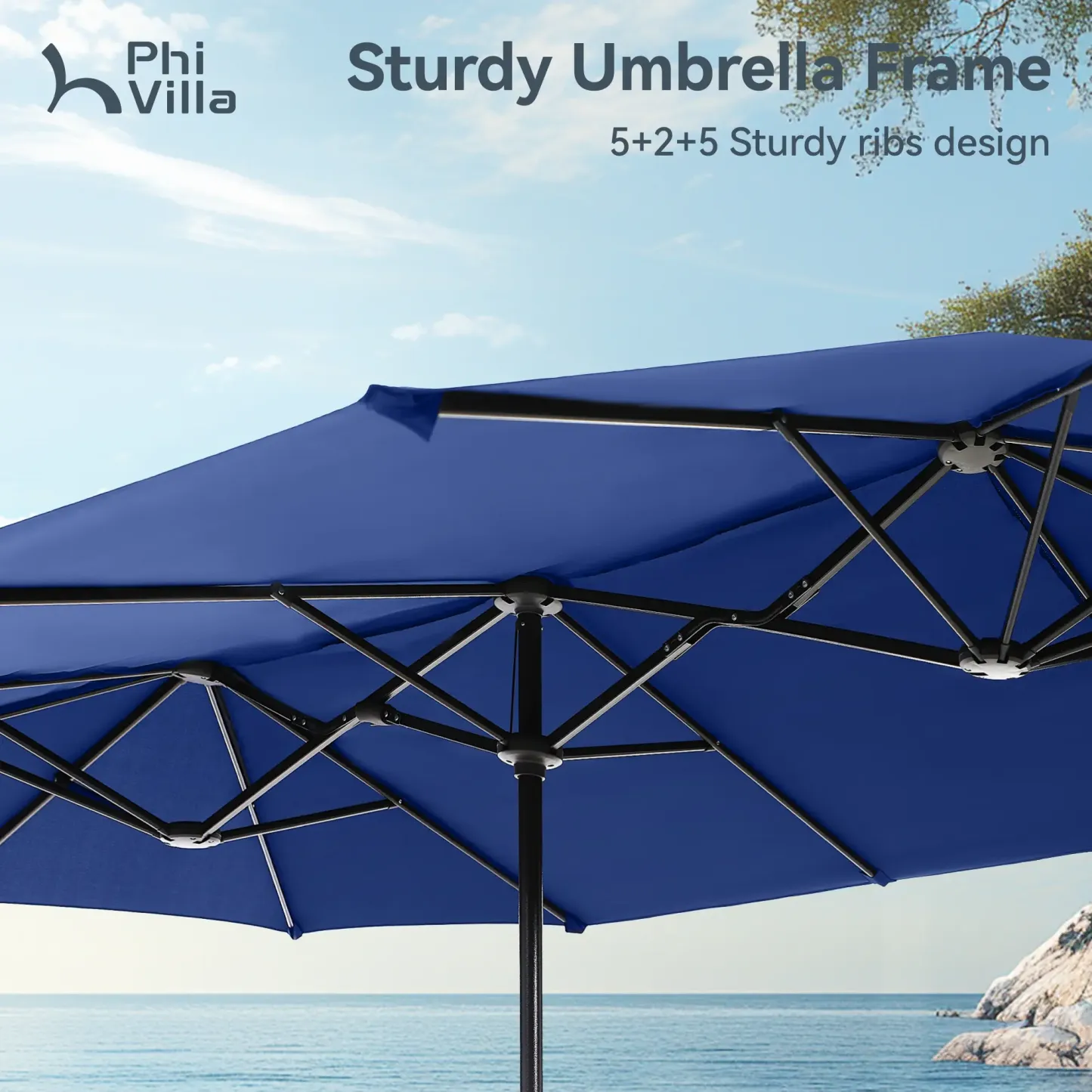 Sombrilla Solar para Patio de 15/13 pies con Base — Sombrilla Doble Extra Grande para Exteriores con 36 Luces LED y Manivela, Ideal para Jardín, Terraza, Piscina y Patio