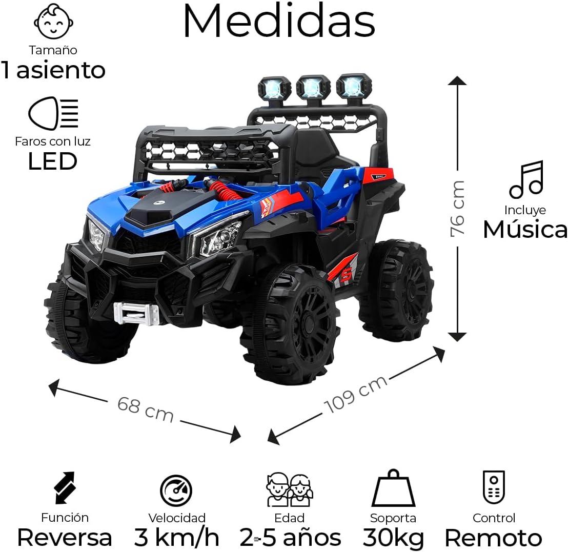 Raganet, Buggy Electrico Montable para Niños Color Rojo, Carrito de Control Remoto y Manejo Directo, con Luces, Estereo y Pedales Funcionales, Medidas: Alto 76cm X Ancho 68cm X Largo 109cm
