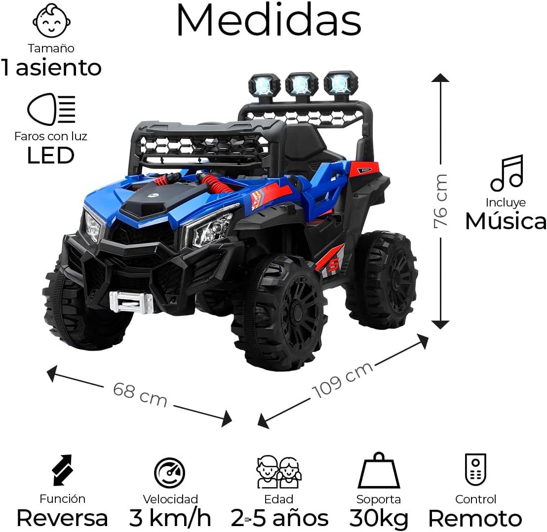 Raganet, Buggy Electrico Montable para Niños Color Rojo, Carrito de Control Remoto y Manejo Directo, con Luces, Estereo y Pedales Funcionales, Medidas: Alto 76cm X Ancho 68cm X Largo 109cm