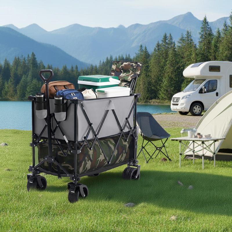 Sweetcrispy 320L Outdoor Folding Double-Decker Wagon with Brakes, 440 lbs Capacity, Flexible Handle, All-Terrain Big Wheels, Compact Pack & Foldable Size for Grocery, Camping