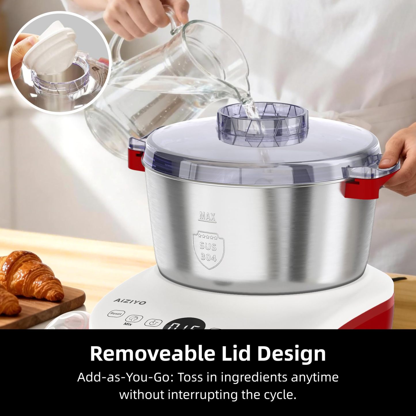 AIZIYO 804-5L Red: Amasadora de masa eléctrica con función de fermento, 5.2 QT, acero inoxidable 304, control táctil, 250 W, 110 V