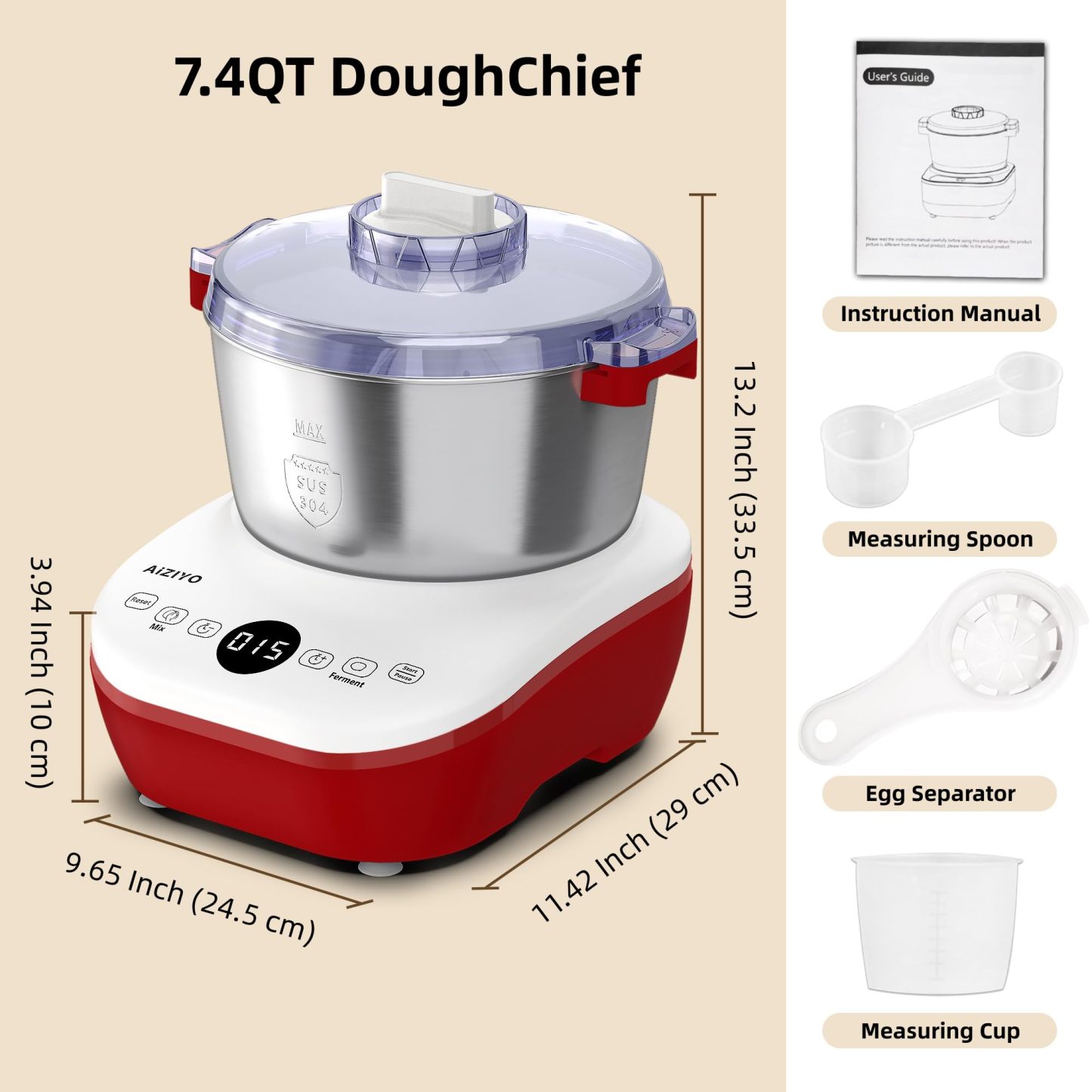 AIZIYO 804-5L Red: Amasadora de masa eléctrica con función de fermento, 5.2 QT, acero inoxidable 304, control táctil, 250 W, 110 V