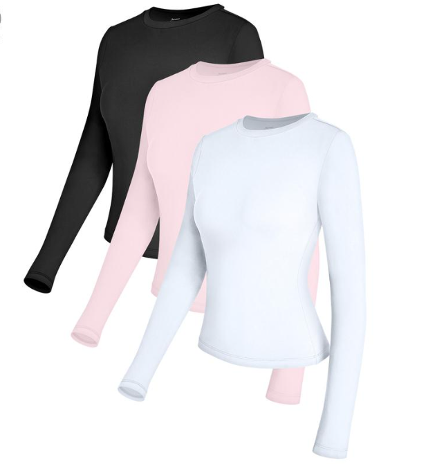 AUTOMET Women's 3-Piece Long Sleeve Basic Crop T-Shirts - Slim Fit, Soft Polyester Fabric, Round Neck, Simple Style, Fall Fashion, Going Out Tops, Y2K Underscrubs Layer, Haze Blue/White/Black Womenswear Blouses & Shirts,summervibes
