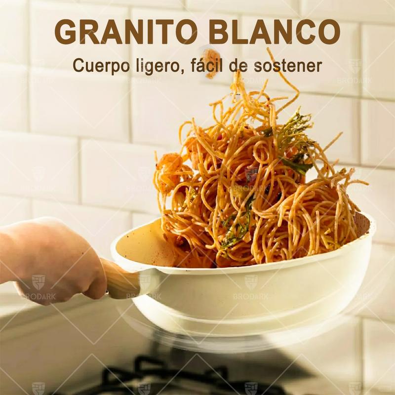 BRODARK Juego de 15 piezas de ollas y sartenes, con sartenes antiadherentes de cerámica en blanco y negro, compatible con placas de inducción, con manijas con impresión de madera, tapas de vidrio, incluye una cazuela de caldo y un sartén, y apto para horn