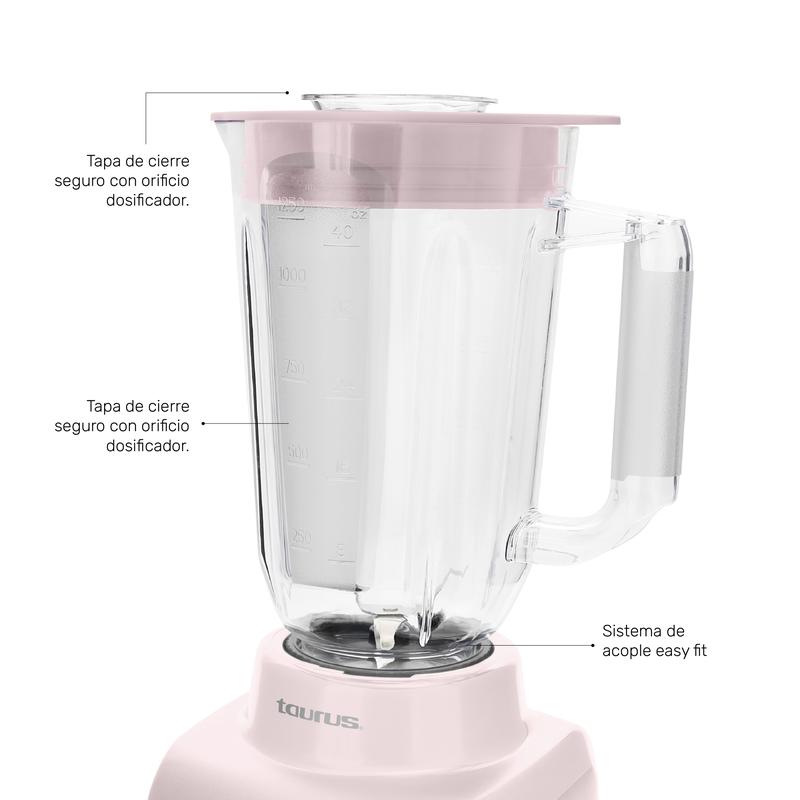 Licuadora Rosa Taurus Haley Ribbon, Potente 500W, ideal para smoothies y jugos, jarra de plástico de 1.65 L, compacta y Moderna