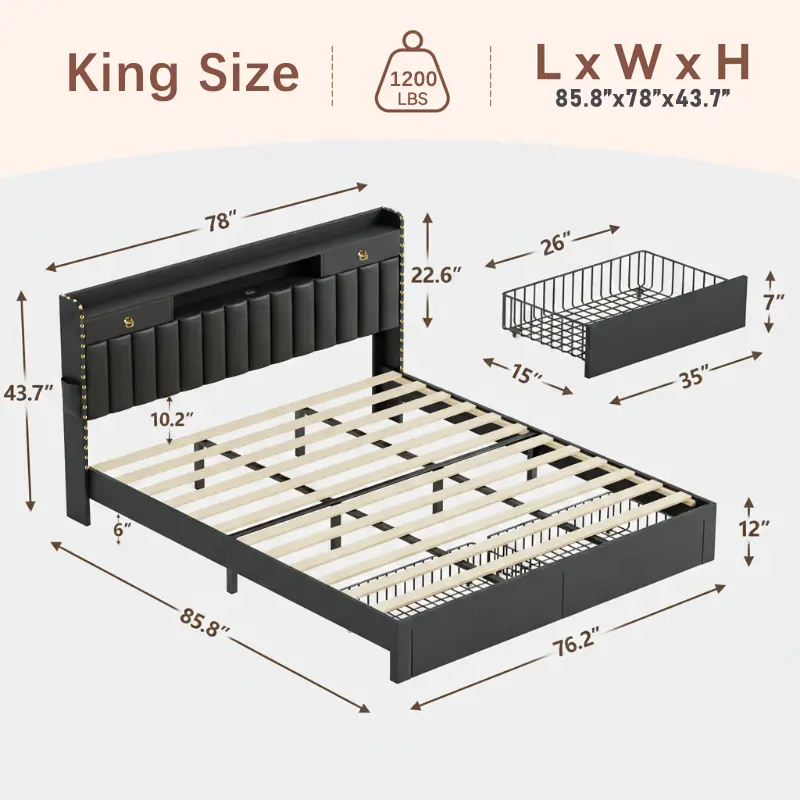 Estructura de cama TryLazy Furniture con 4 cajones y 2 puertos de carga USB y 1 puerto de carga tipo C, sin colchón, estructura de cama tapizada con cabecero con almacenamiento, no requiere somier, fácil montaje, tamaño matrimonial/queen/king.