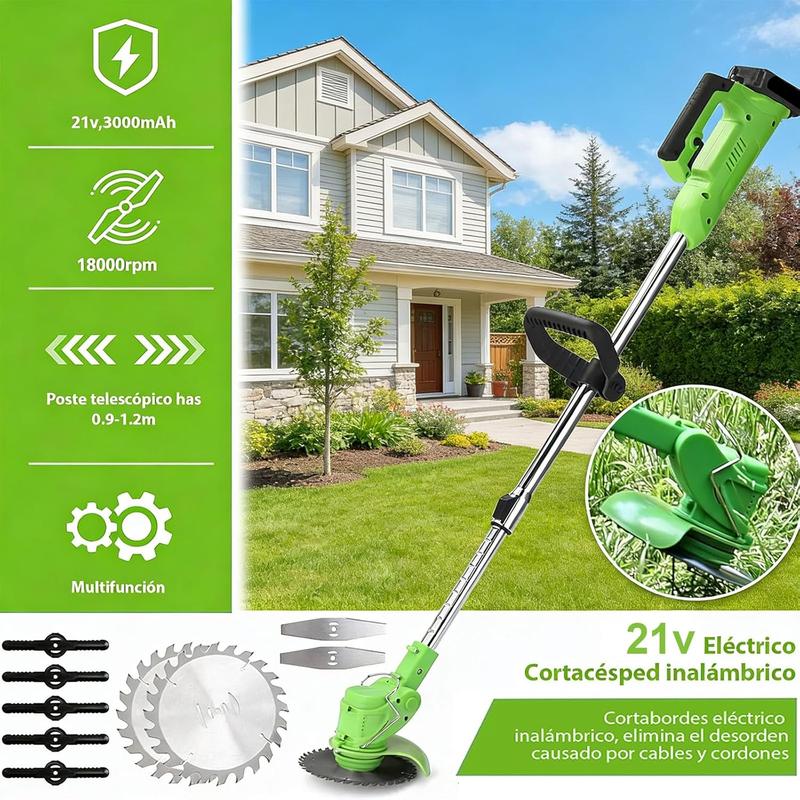 Desbrozadora Inalámbrica 21V – Dile Adiós a la Maleza en tu Jardín – Corta Césped, Hierba y Ramas – 2 Baterías de 3000mAh – 45 min de Autonomía – Ajustable 94-130cm – Cabezal 90° + Mango 360° – Regalo Perfecto para Papá o Jardineros – Verde o Negro