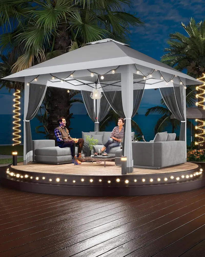 Carpa plegable Garvee de 13x13 pies con estructura metálica, sombrilla exterior de acero para lluvia y sol con malla, techo de doble ventilación, altura ajustable, fácil montaje, refugio impermeable para el patio trasero, toldo y estructura de sombra mode
