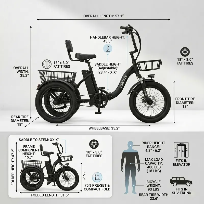 Bicicleta de carga ESKUTE para adultos, triciclo eléctrico plegable de 3 ruedas con motor de 1200 W, neumáticos anchos, respaldo y manillar de bicicleta, bicicletas eléctricas para adultos, pedaleo/asistencia/acelerador tiktokshopbacktoschool