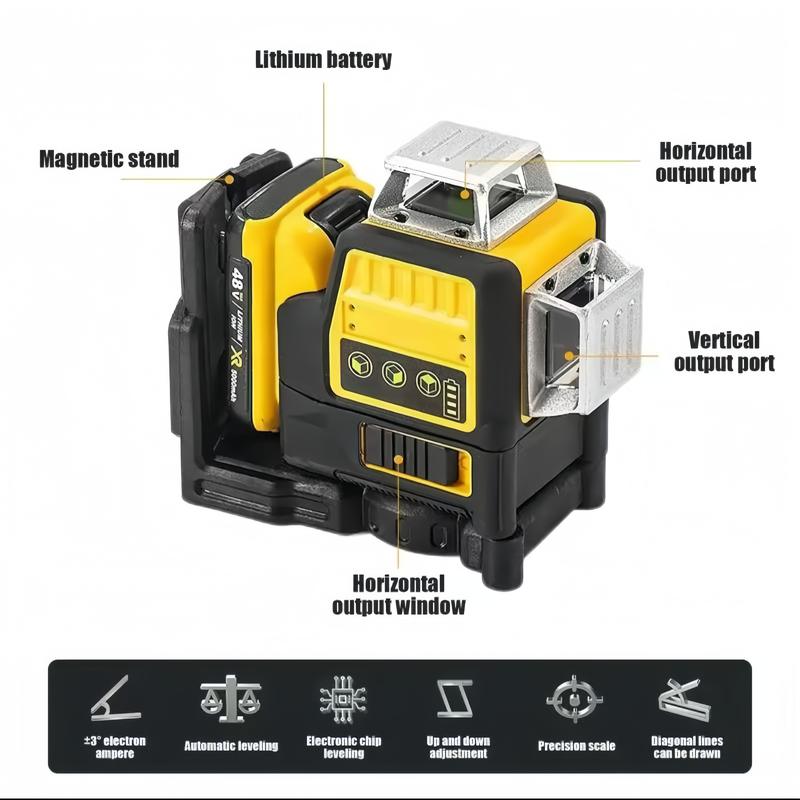 Nivel láser DW con medidor verde de 12 líneas para exteriores, resistente al agua IP54, herramienta de alta precisión, alcance vertical de 360 ​​grados, batería de 12 V.