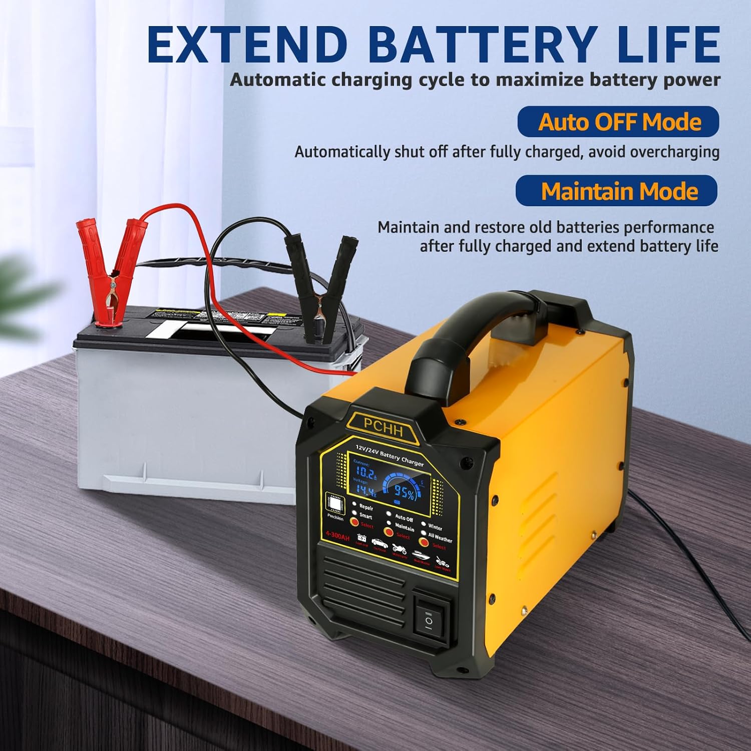 PCHH - Cargador de batería de coche de 12 V 24 V, resistente, mantenedor automático de batería de 0 a 15 A, cargador inteligente con apagado automático, reparación, modo de invierno, para automóvil,