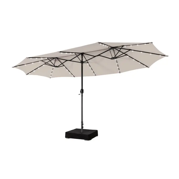 【Luces LED solares】Sombrilla grande de patio COSTWAY de 4,5 m, sombrilla doble extragrande para exteriores con base, 36 luces LED y manivela para jardín, terraza, piscina, patio, decoración del 4 de julio, regalo para papá