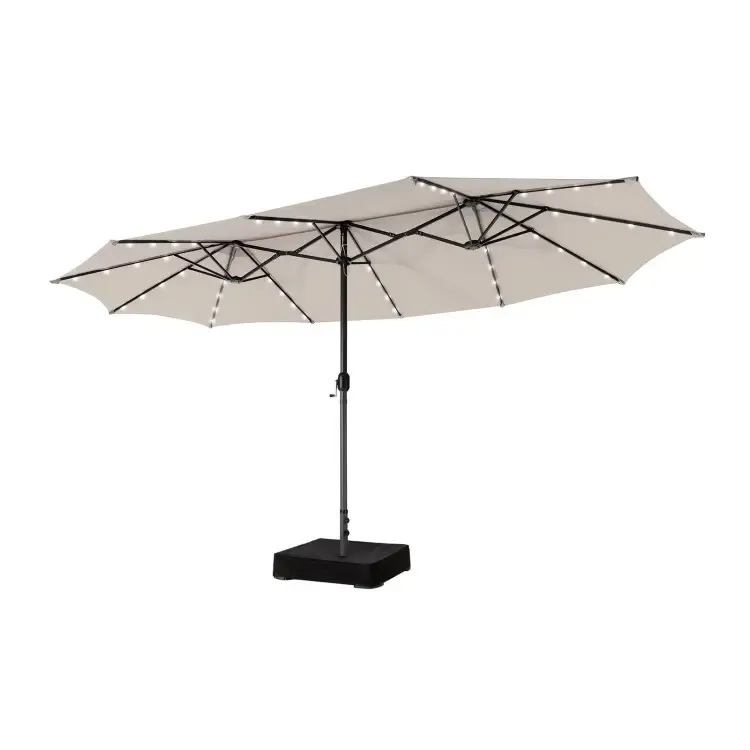 【Luces LED solares】Sombrilla grande de patio COSTWAY de 4,5 m, sombrilla doble extragrande para exteriores con base, 36 luces LED y manivela para jardín, terraza, piscina, patio, decoración del 4 de julio, regalo para papá