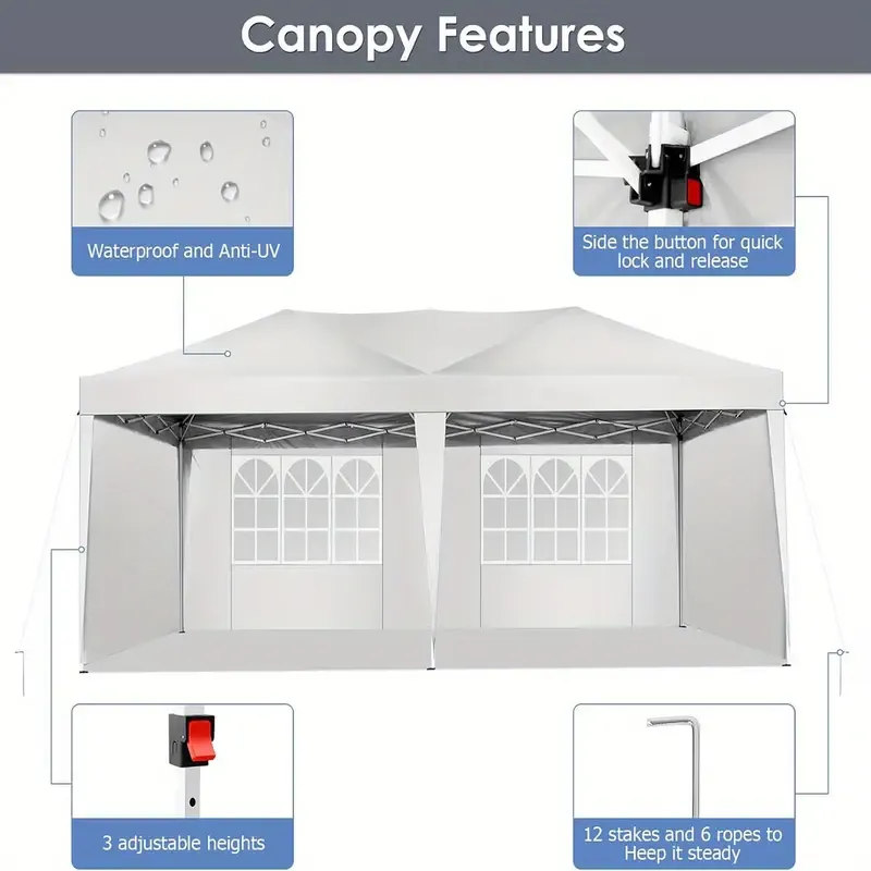 SANOPY 10×20 pies carpa parasol emergente con 4 paredes laterales desmontables, fácil de instalar, carpa parasol comercial para exteriores, adecuada para fiestas/patio/carpa de exhibición, pabellón impermeable y UPF50+ con bolsa de transporte